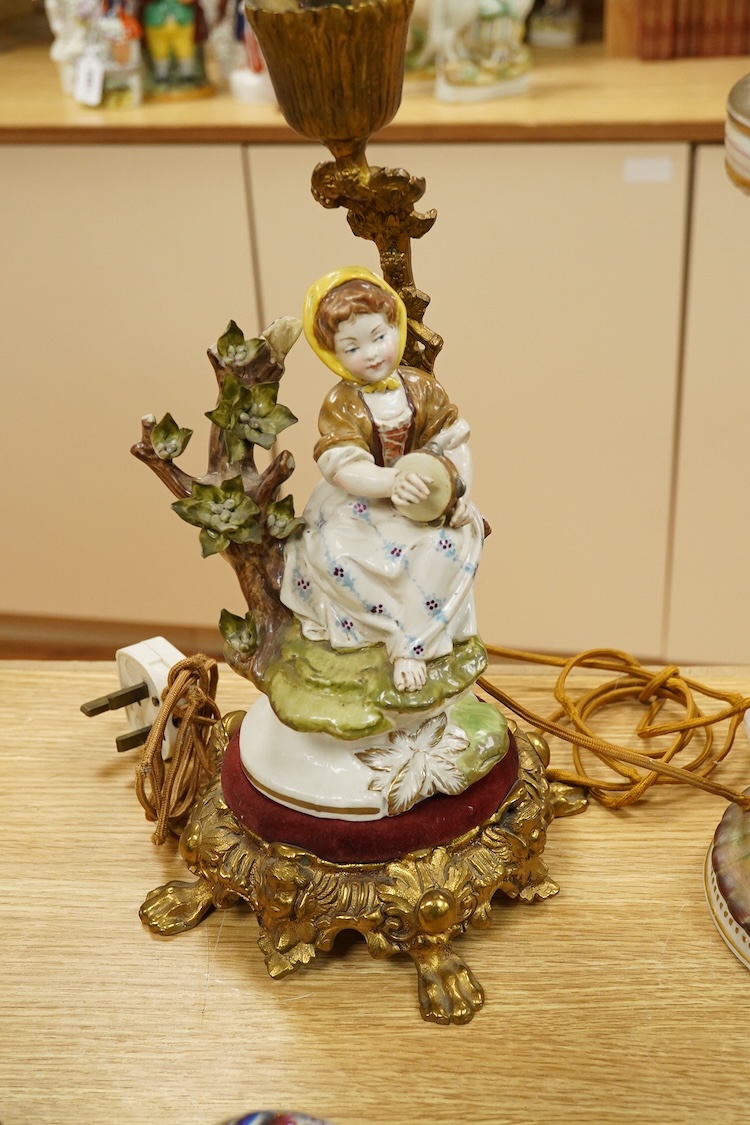 A Continental Three Graces table lamp and another table lamp mounted with a seated figure, largest 44cm high including the fitting